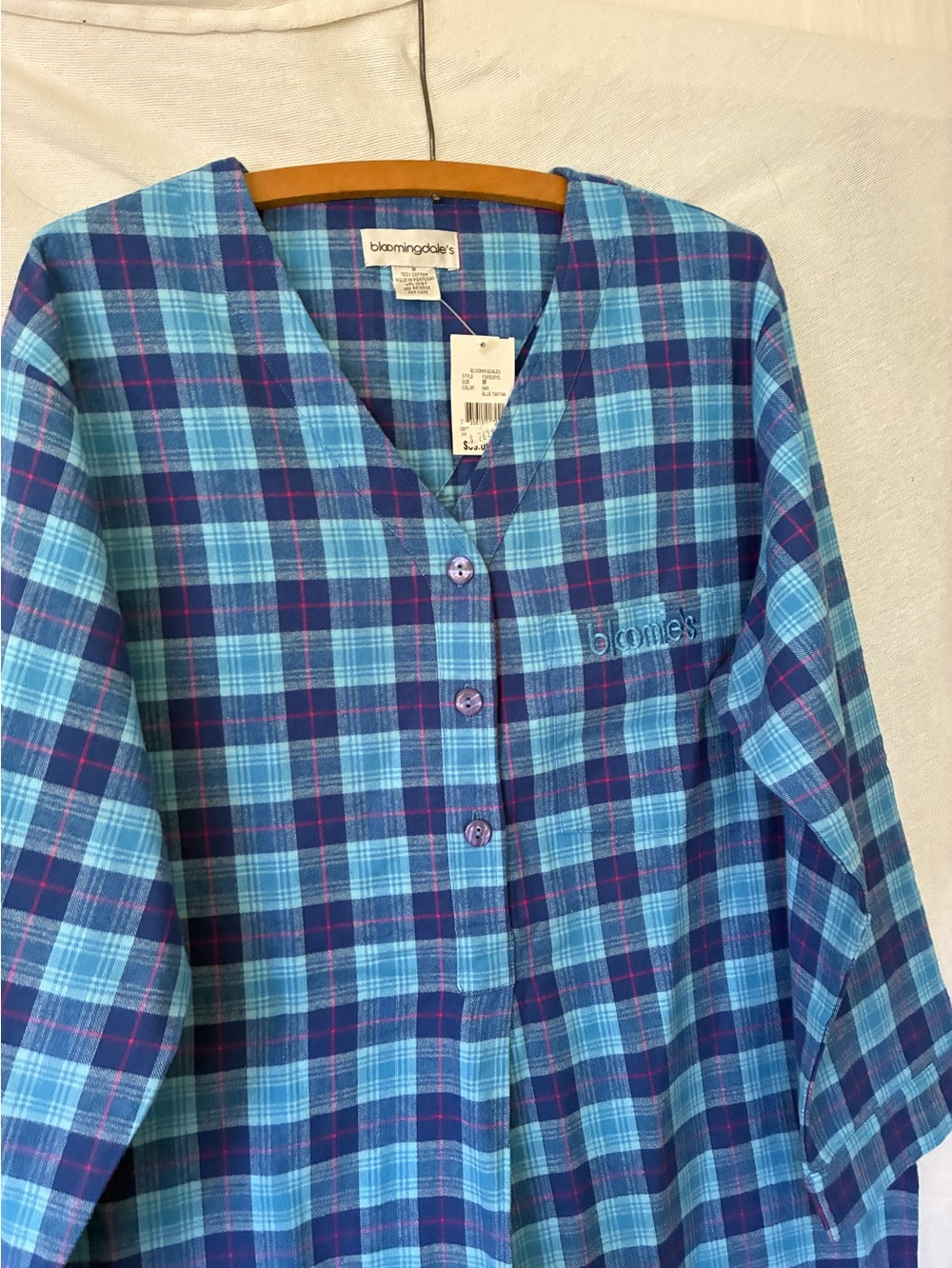 Bloomingdale’s Bloomie’s Womens Flannel Night Gown Long Blue Plaid Pocket NWT